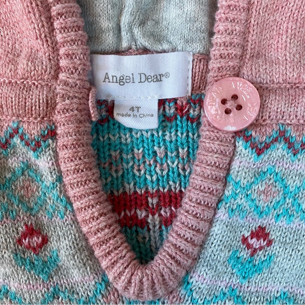 Angel Dear 4T Pink Hooded Poncho Sweater with Blue Accents - Picture 4 of 5